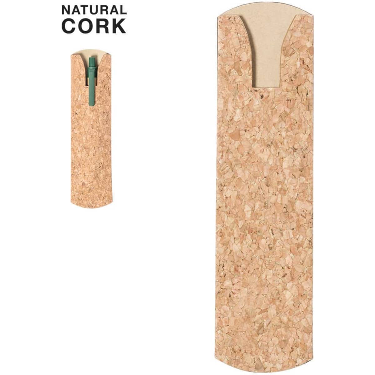 A drink bottle made from natural cork featuring a sleek design and a green accent.