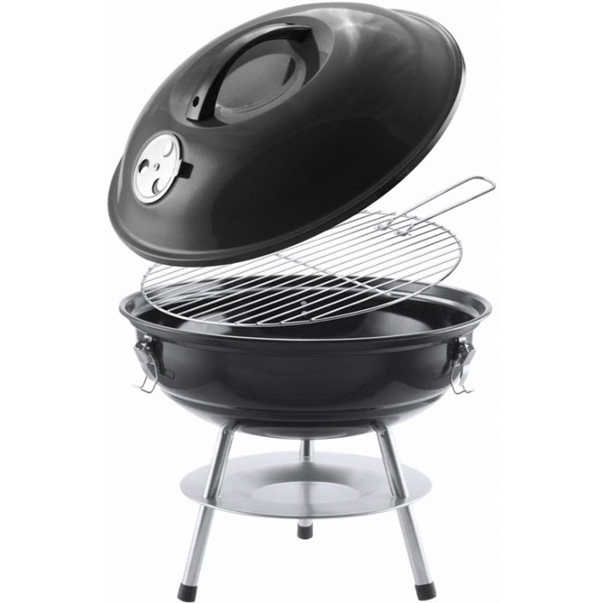 A black barbecue grill with a domed lid and a removable cooking grate, resting on a silver tripod stand.