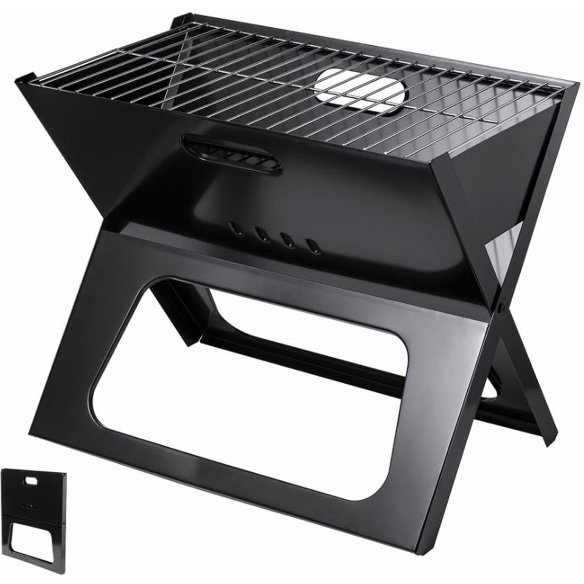 A portable black barbecue grill with a grill rack, featuring a hinged lid and foldable stand.