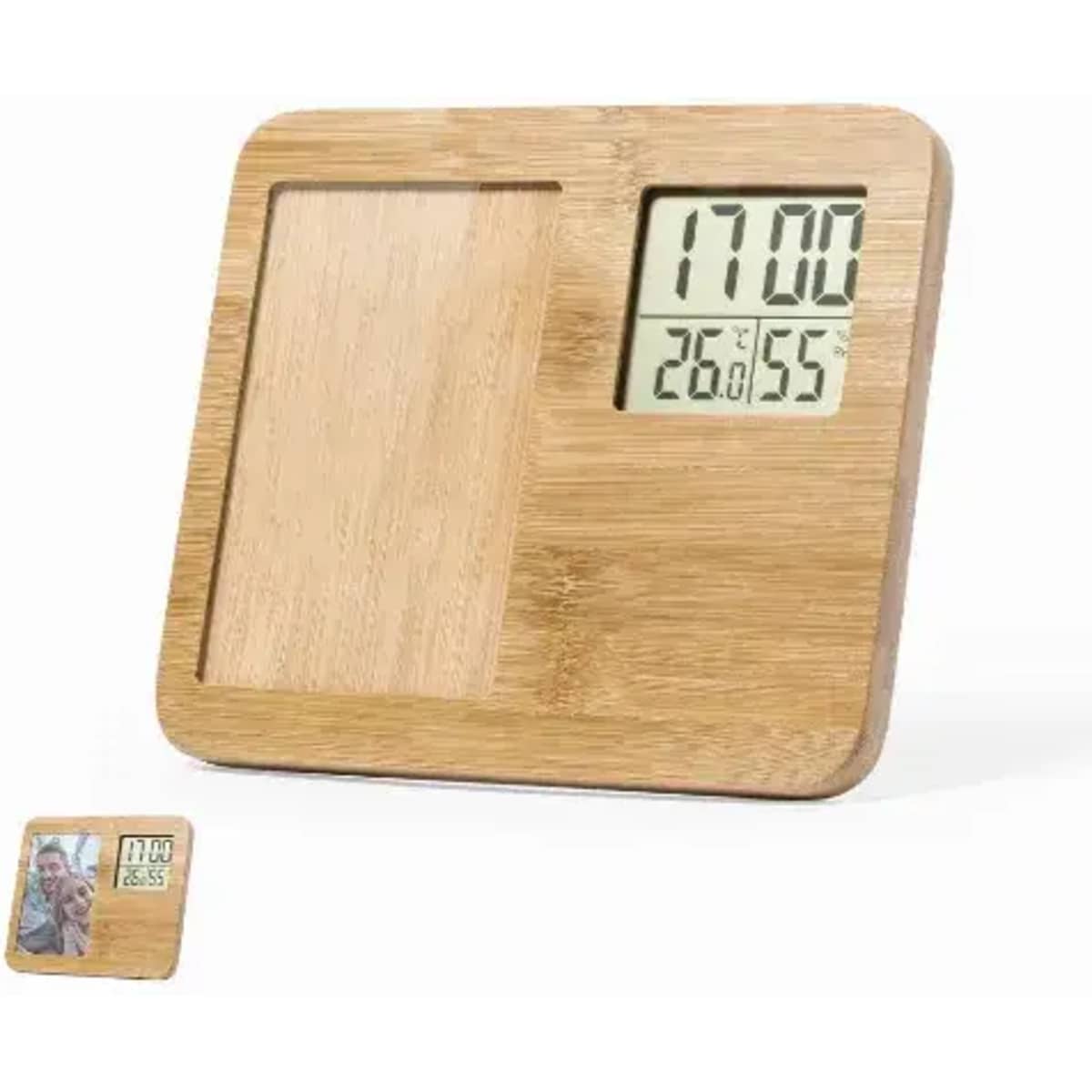 A wooden desk clock with a digital display showing time and temperature. The clock features a rectangular shape and a natural finish.