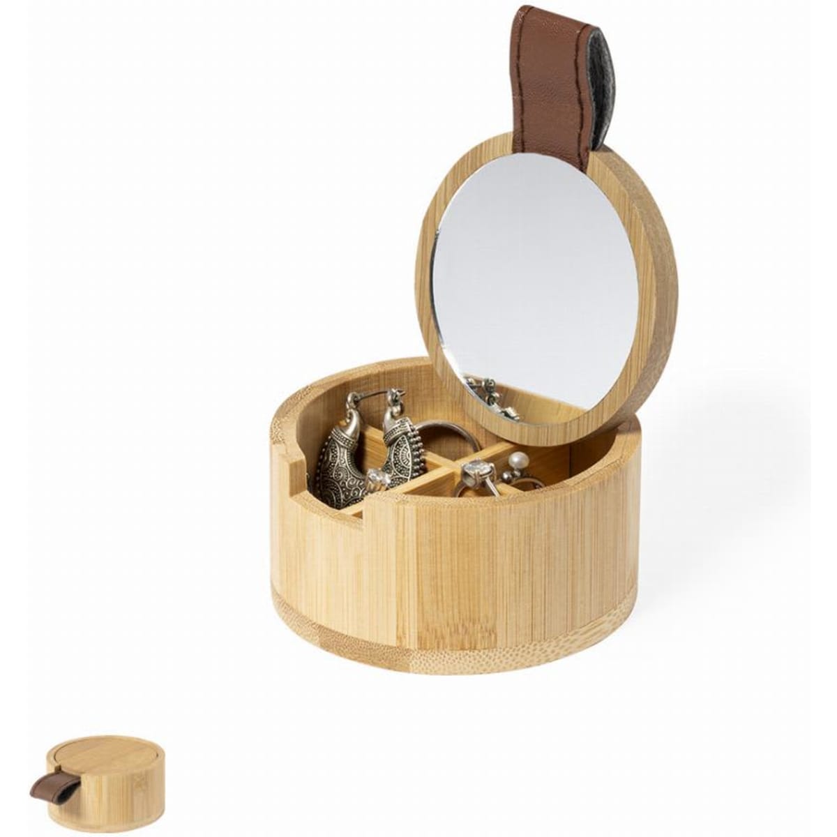 A circular bamboo jewellery box with a mirror and compartments for storage. It features a brown leather handle.
