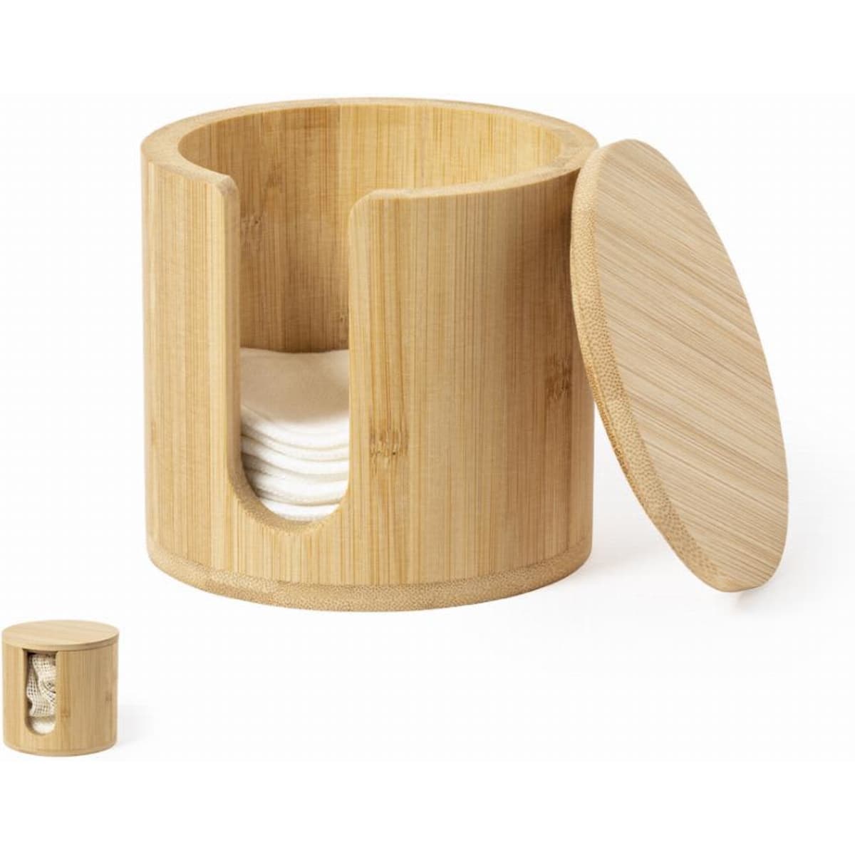 A bamboo storage container with a lid and a cut-out section. Features a small, matching container beside it.