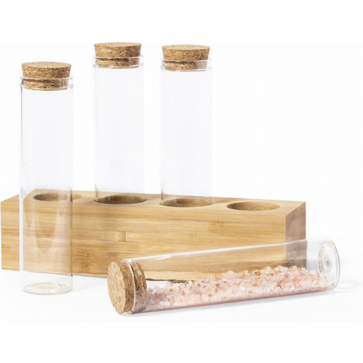 A set of clear glass tubes with cork caps, featuring one filled with pink salt, displayed on a bamboo stand.