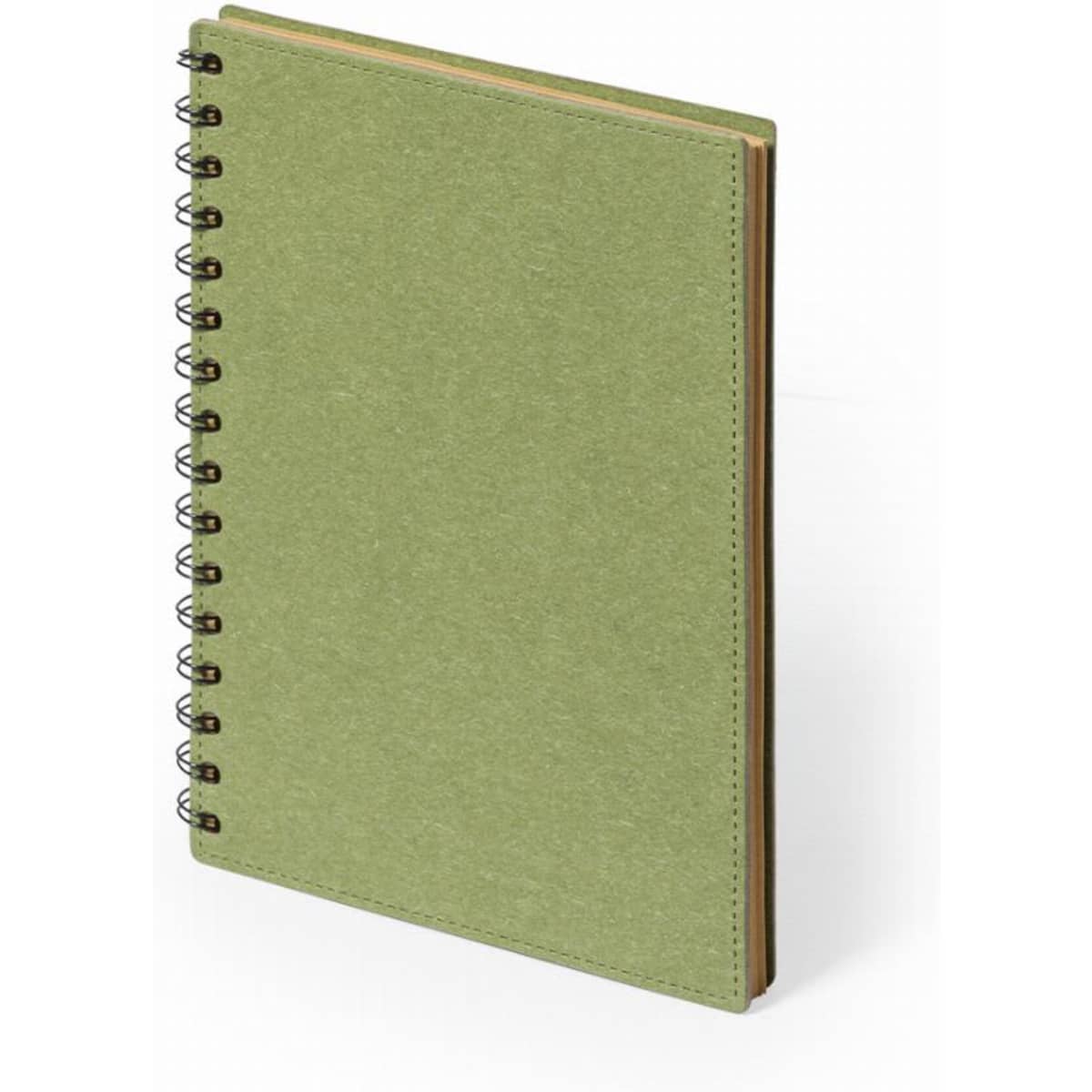 A spiral-bound notebook featuring a green cover, with a simple and textured finish.