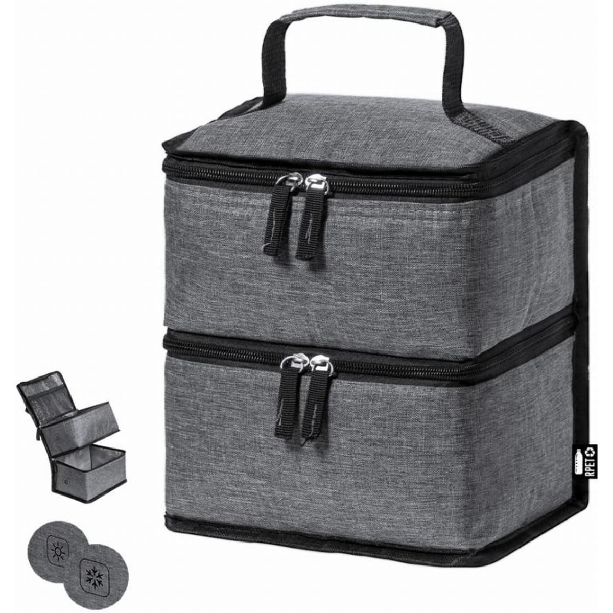 A grey insulated bag with two compartments, featuring a handle and two zippers, alongside two round ice packs.