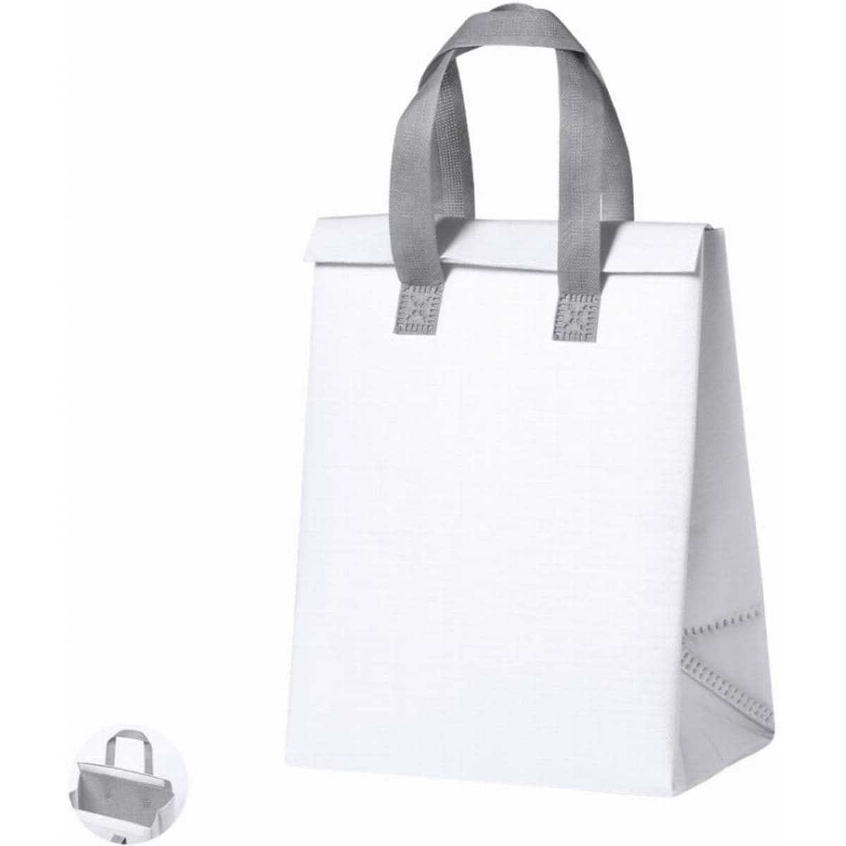 A white reusable tote bag with grey handles and a fold-over top, designed for easy carrying.