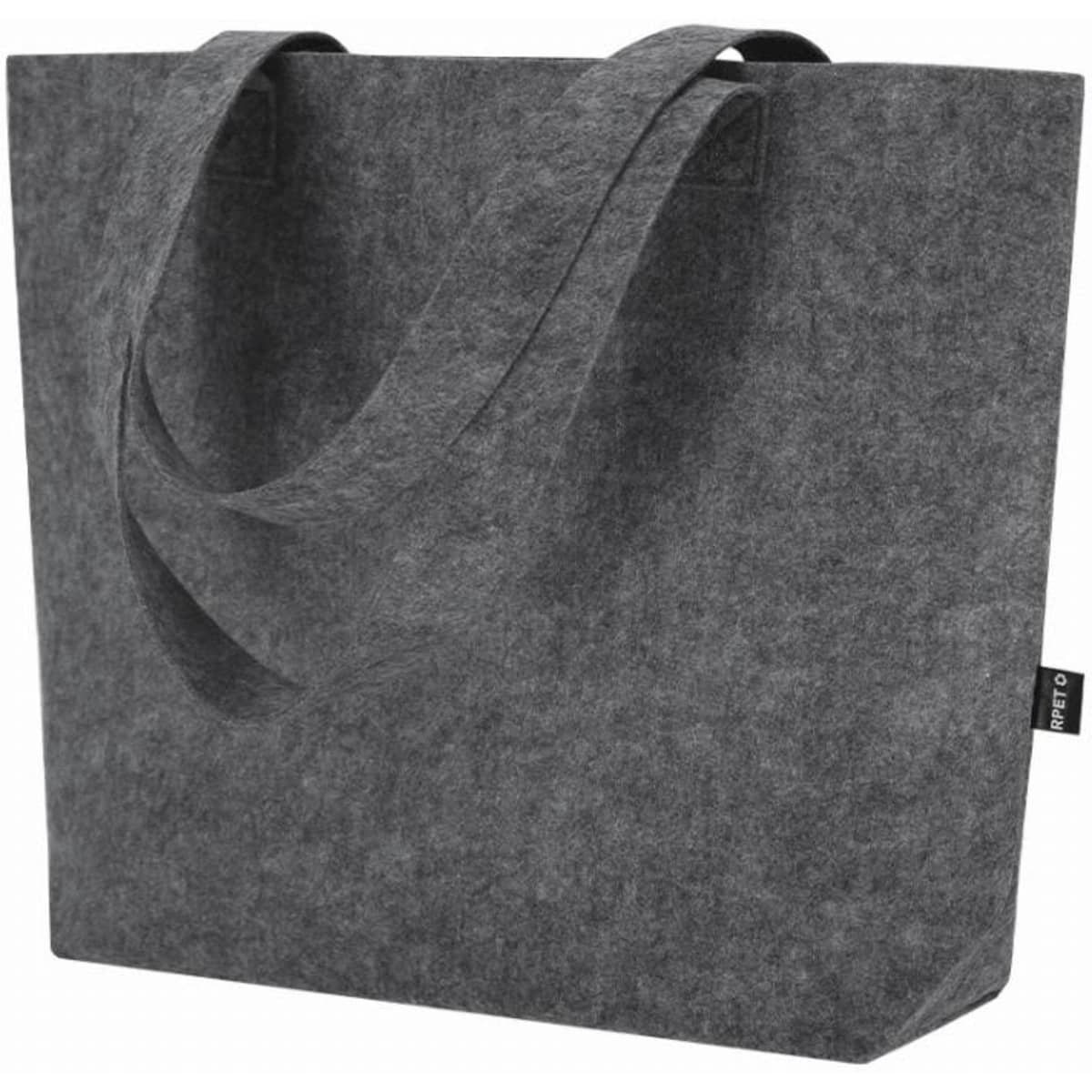 A grey felt tote bag with two sturdy handles and a rectangular shape. It features a logo on the side.