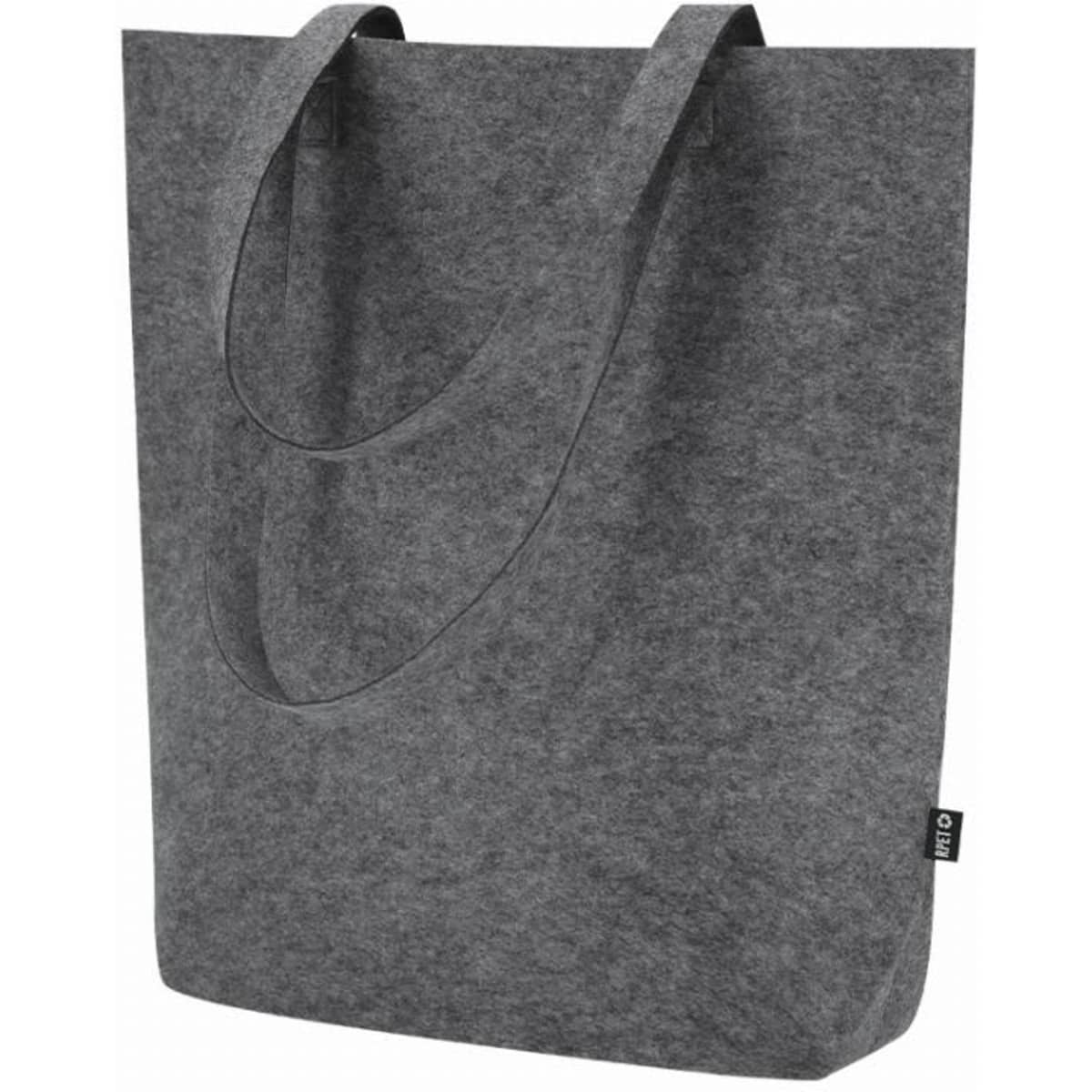A grey felt tote bag with two shoulder straps and a simple design. It features a small logo on one side.