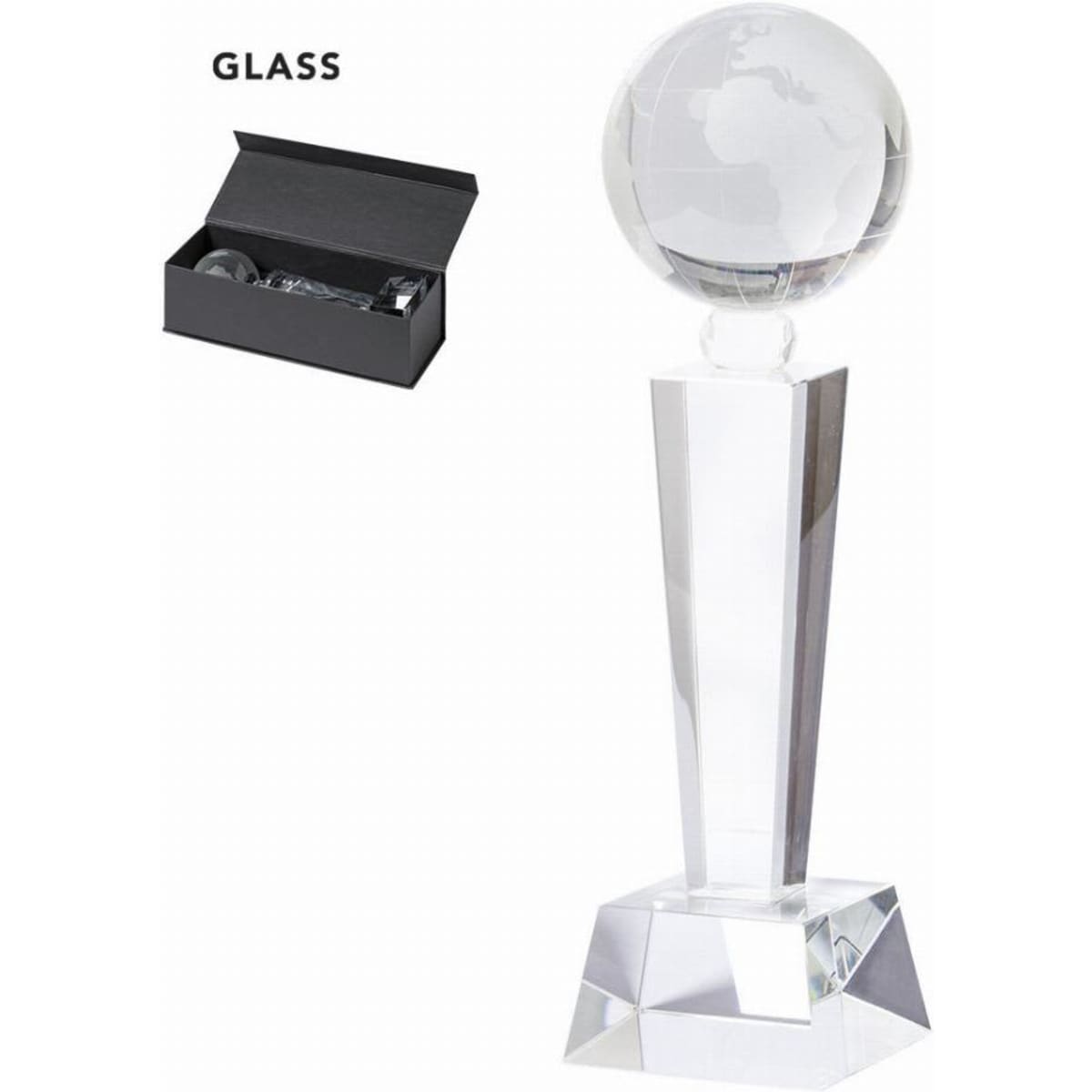 A glass trophy featuring a globe atop a tall, clear, angular base. Includes a black presentation box.