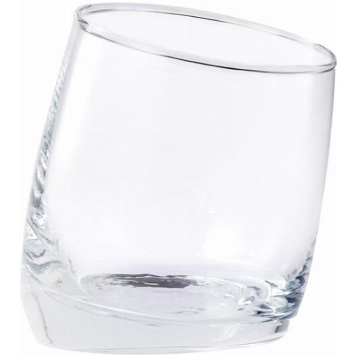 A clear, slanted glass with a smooth surface and a rounded base.
