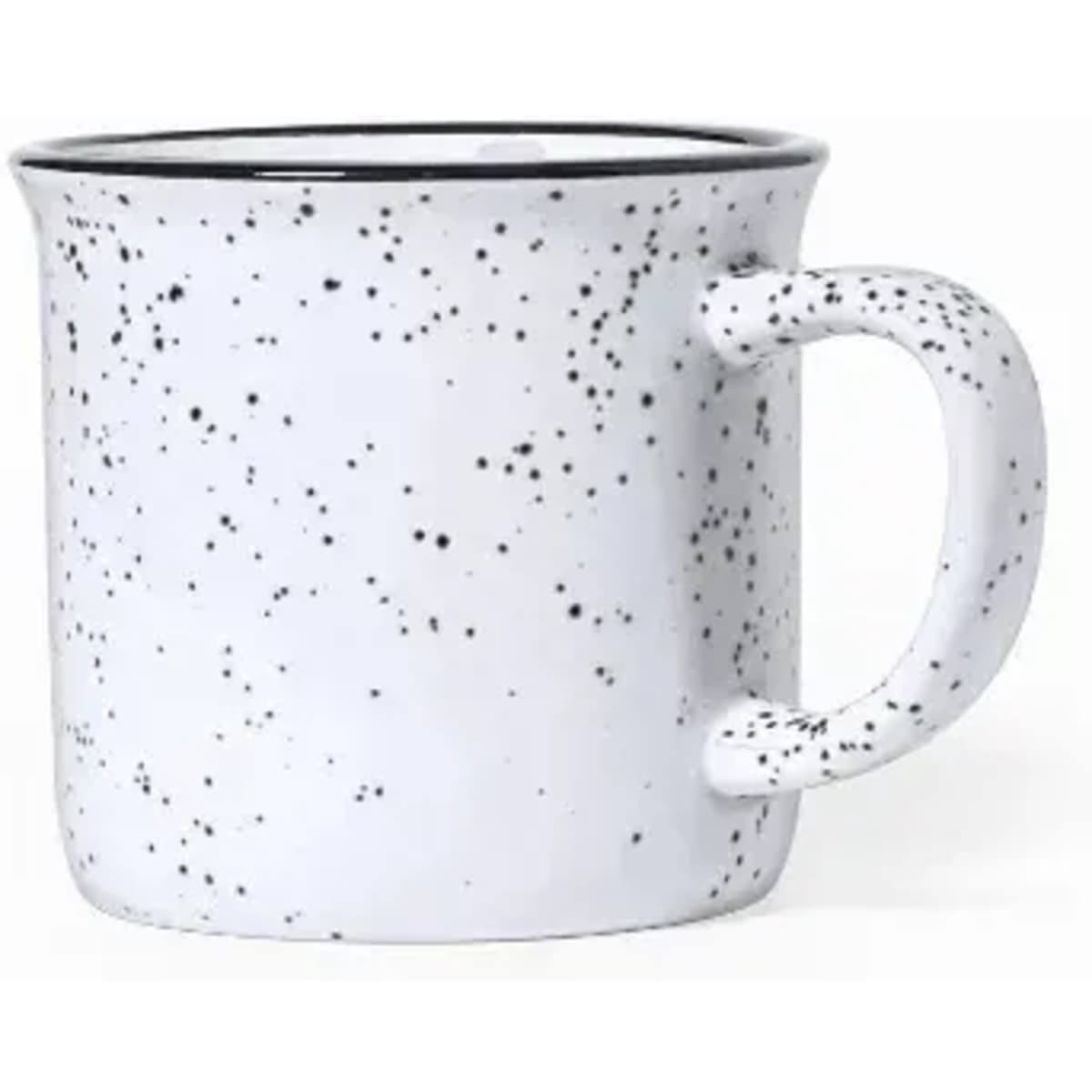 A speckled white mug with a rounded body and a sturdy handle. It features a black rim and a glossy finish.