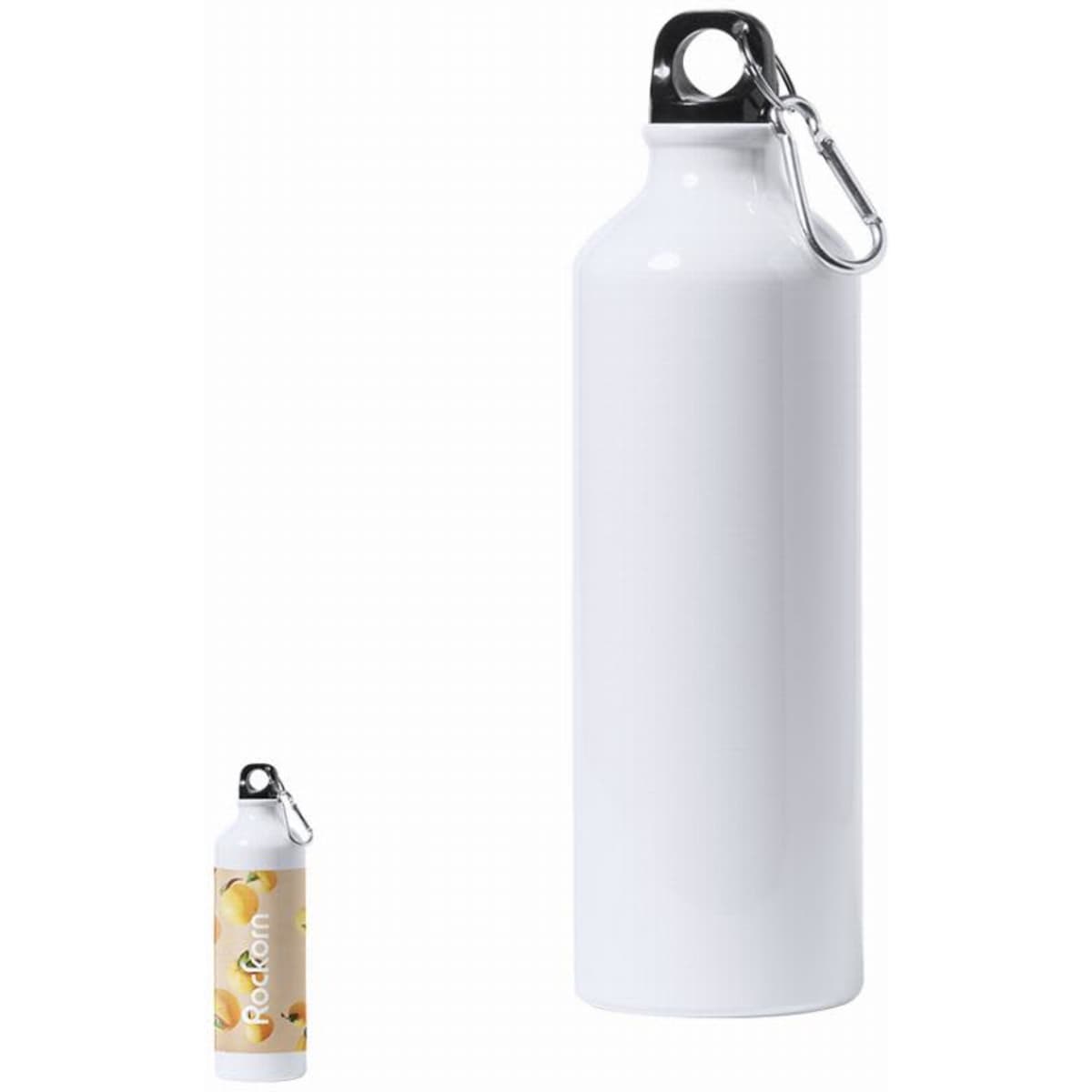 A drink bottle in white with a silver cap and a carabiner, alongside a smaller bottle with a design.
