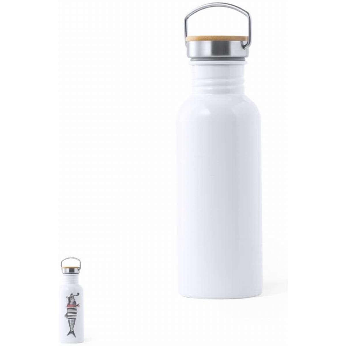 A drink bottle in white with a stainless steel lid and a wooden accent, featuring a graphic design.