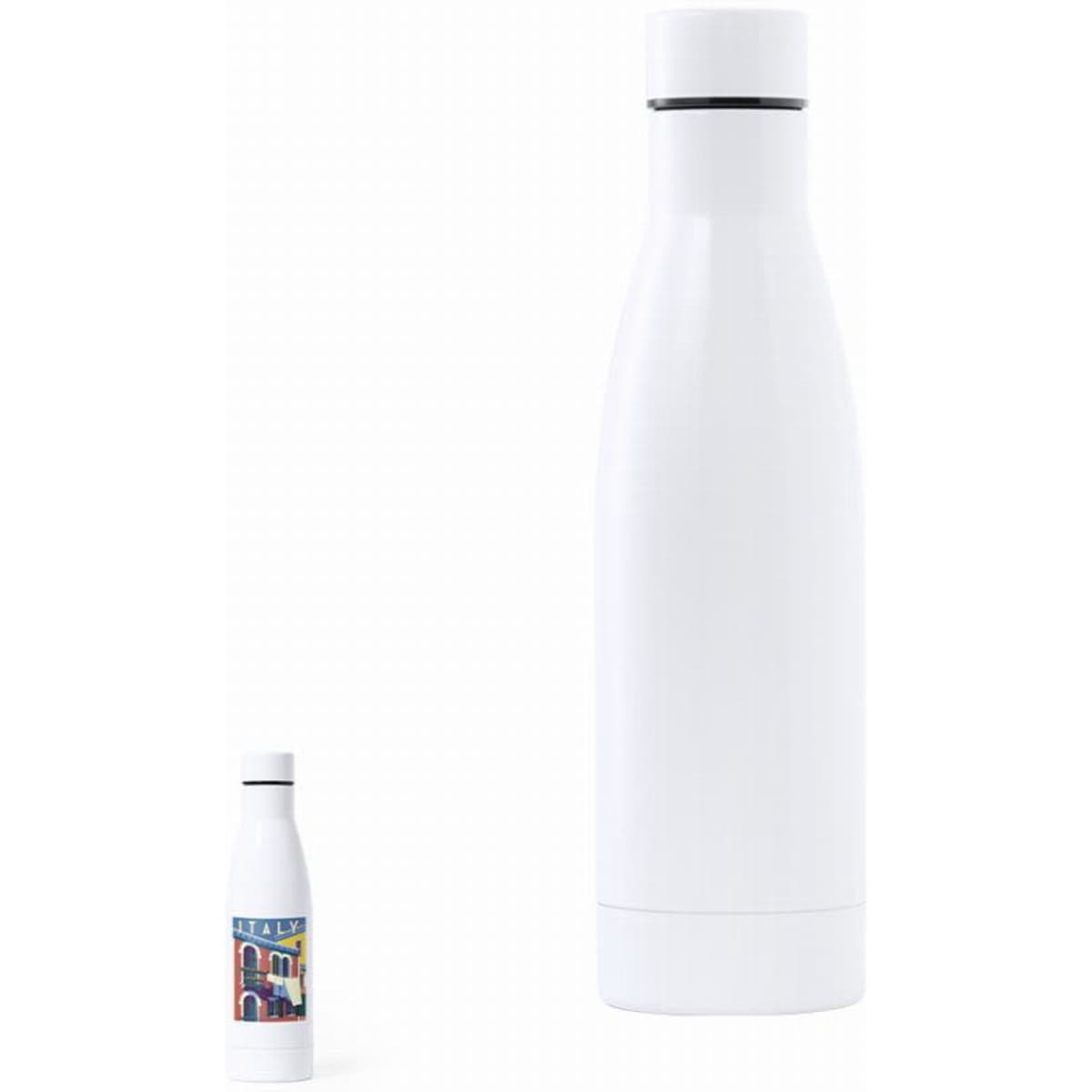 A drink bottle in white with a sleek design and a smaller version beside it, featuring a colourful design.