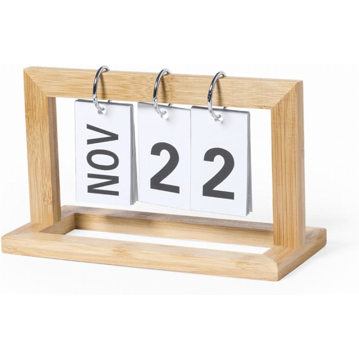 A wooden calendar display with flip cards showing "NOV" and "22". The frame is made of bamboo.