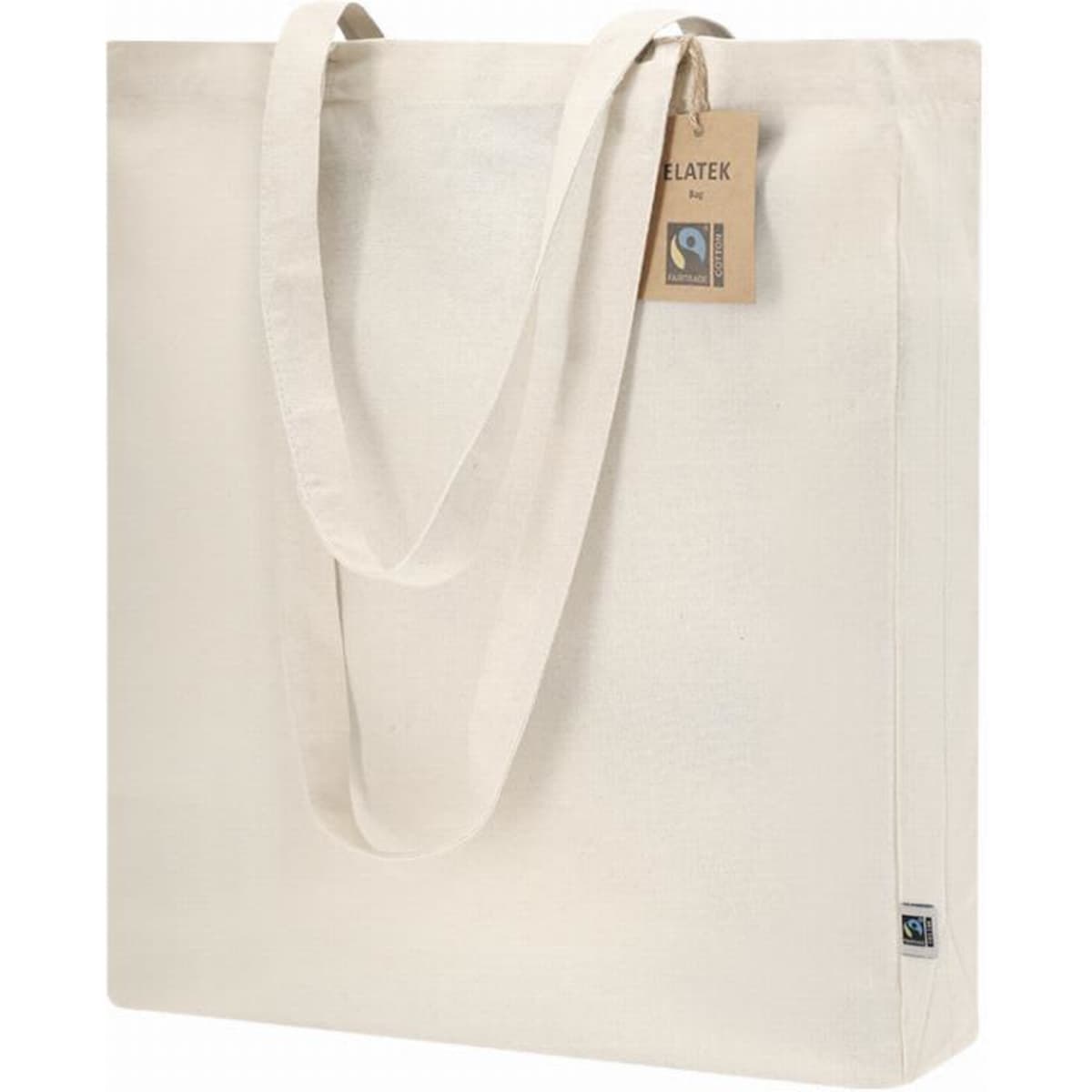 A cream-coloured tote bag with two handles and a tag, featuring a logo. The bag is made from natural materials.