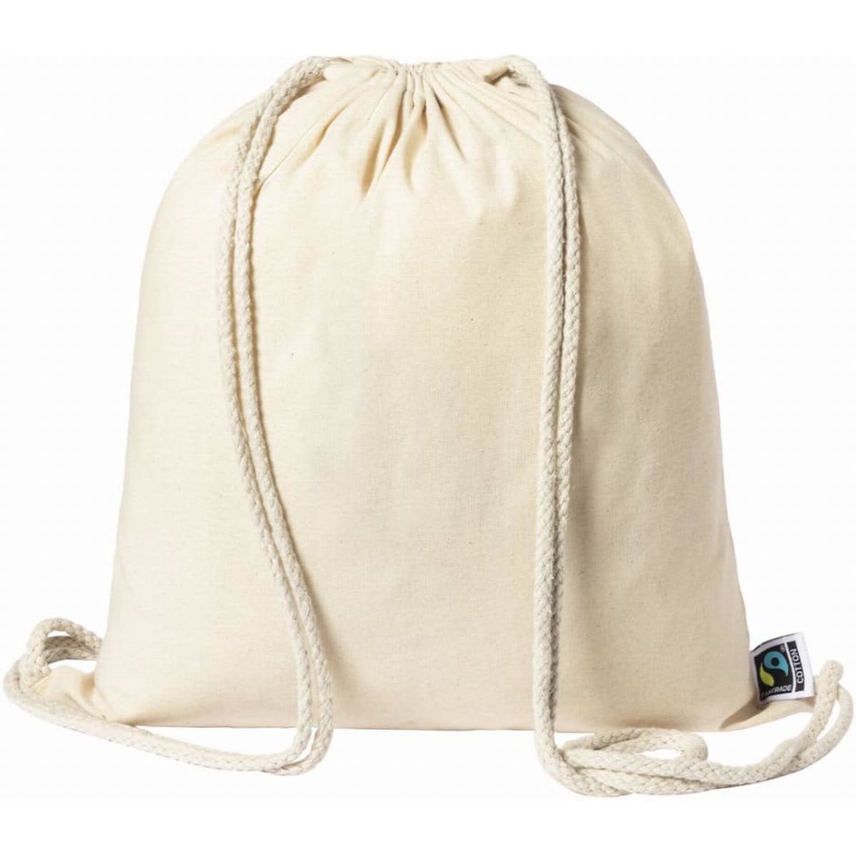 A drawstring bag in natural cotton colour with a rope closure and a small logo tag.
