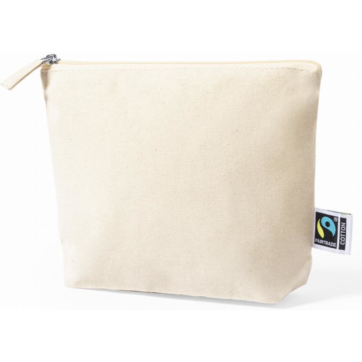 A beige cotton pouch with a zip closure and a Fairtrade label on the side.