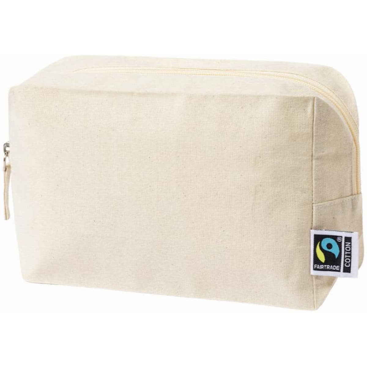 A cream-coloured canvas pouch with a zip closure and a branding label.
