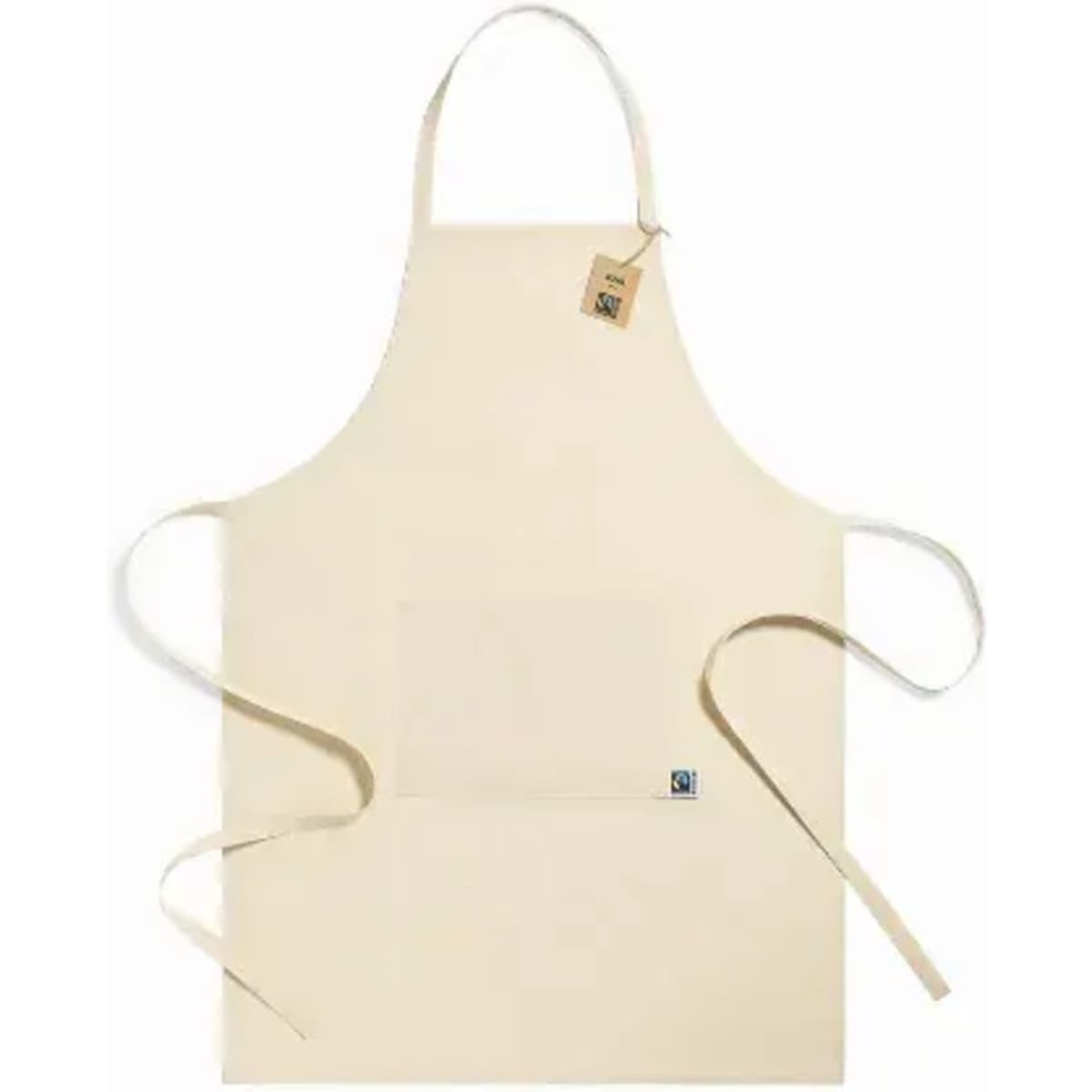 A cream-coloured apron featuring long ties and a front pocket, with a small logo tag attached.