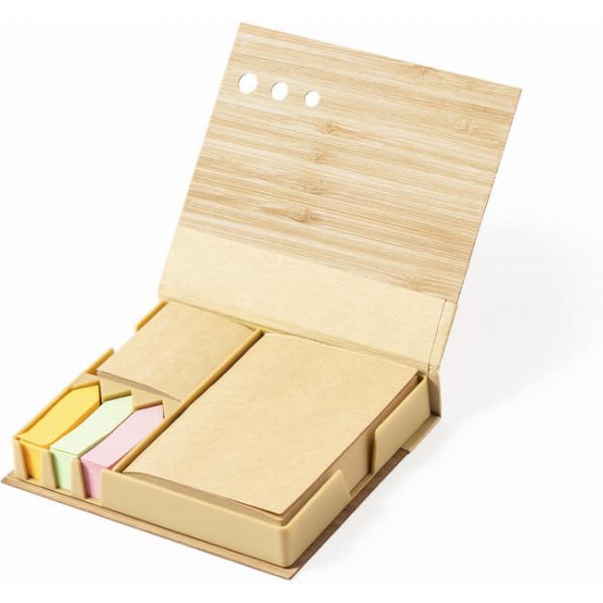 A bamboo organiser featuring multiple compartments for sticky notes in pastel colours and notepads.