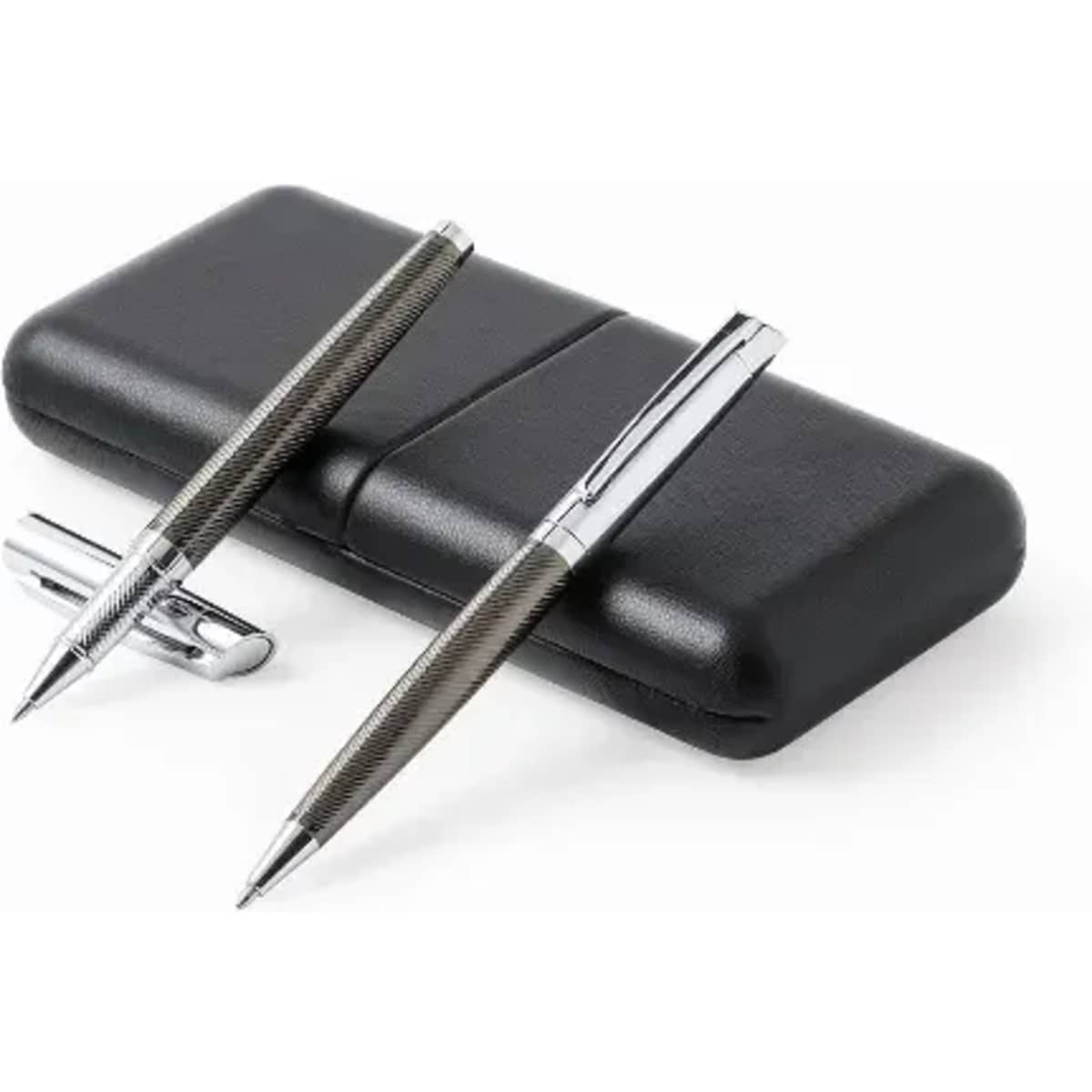 A set of two metallic pens in a textured grey finish, placed on a sleek black case.