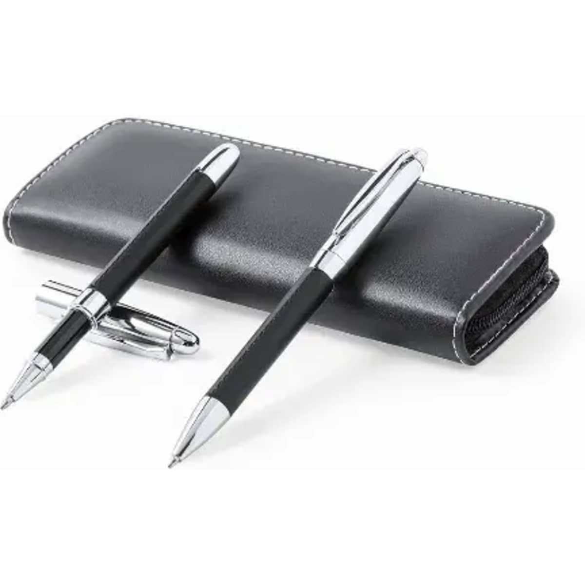 A black leather pen case with two pens, one sleek silver and one with a black grip, neatly arranged.
