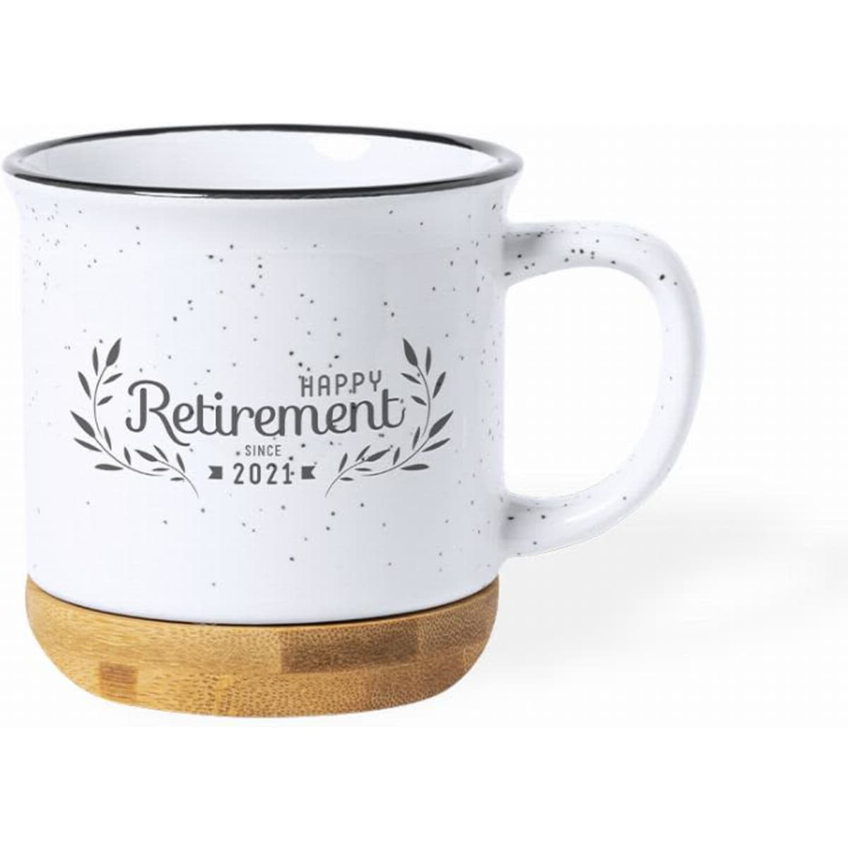 A drink mug in white with black speckles, featuring a wooden base and a retirement design.