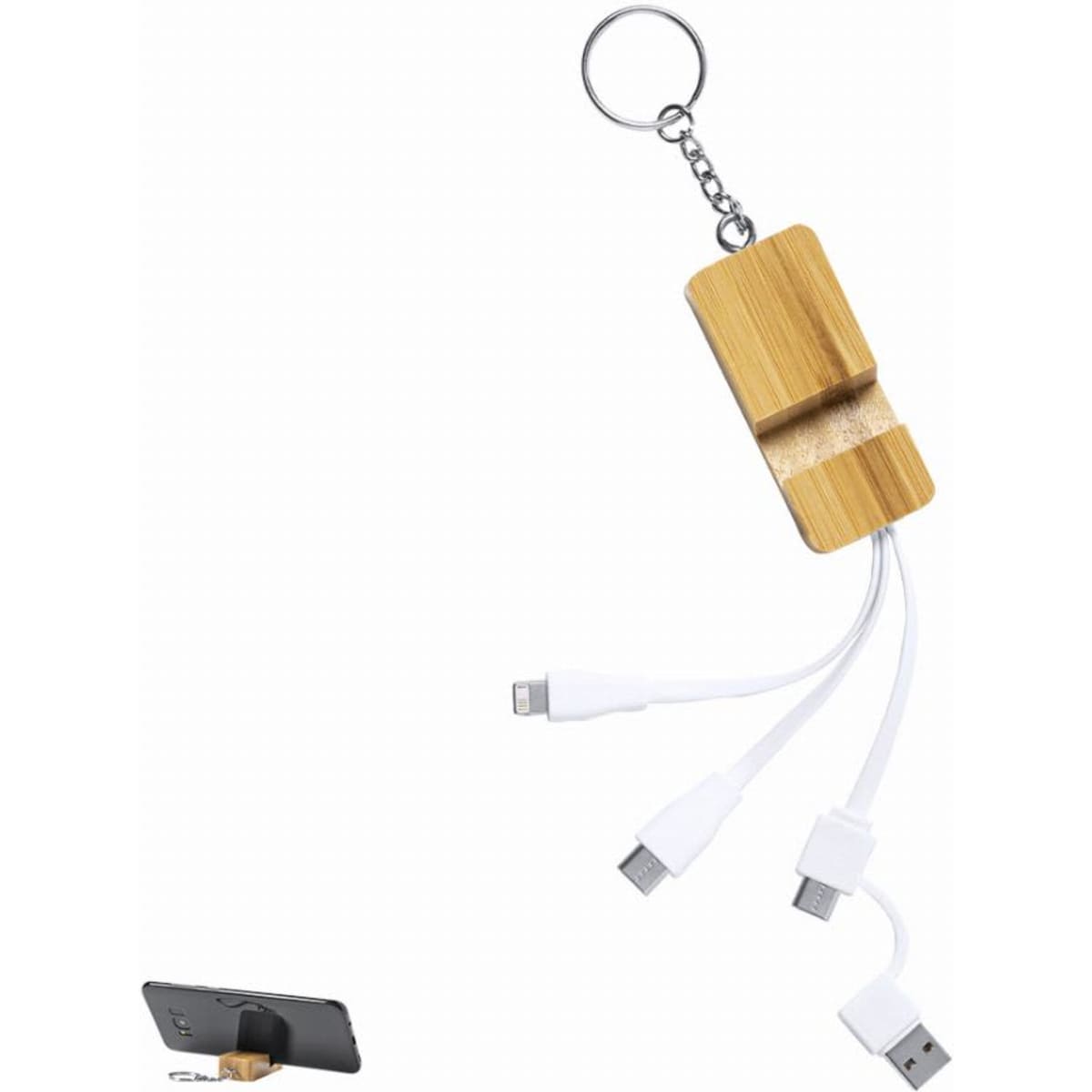 A keychain with a bamboo body featuring multiple white charging cables for various devices.