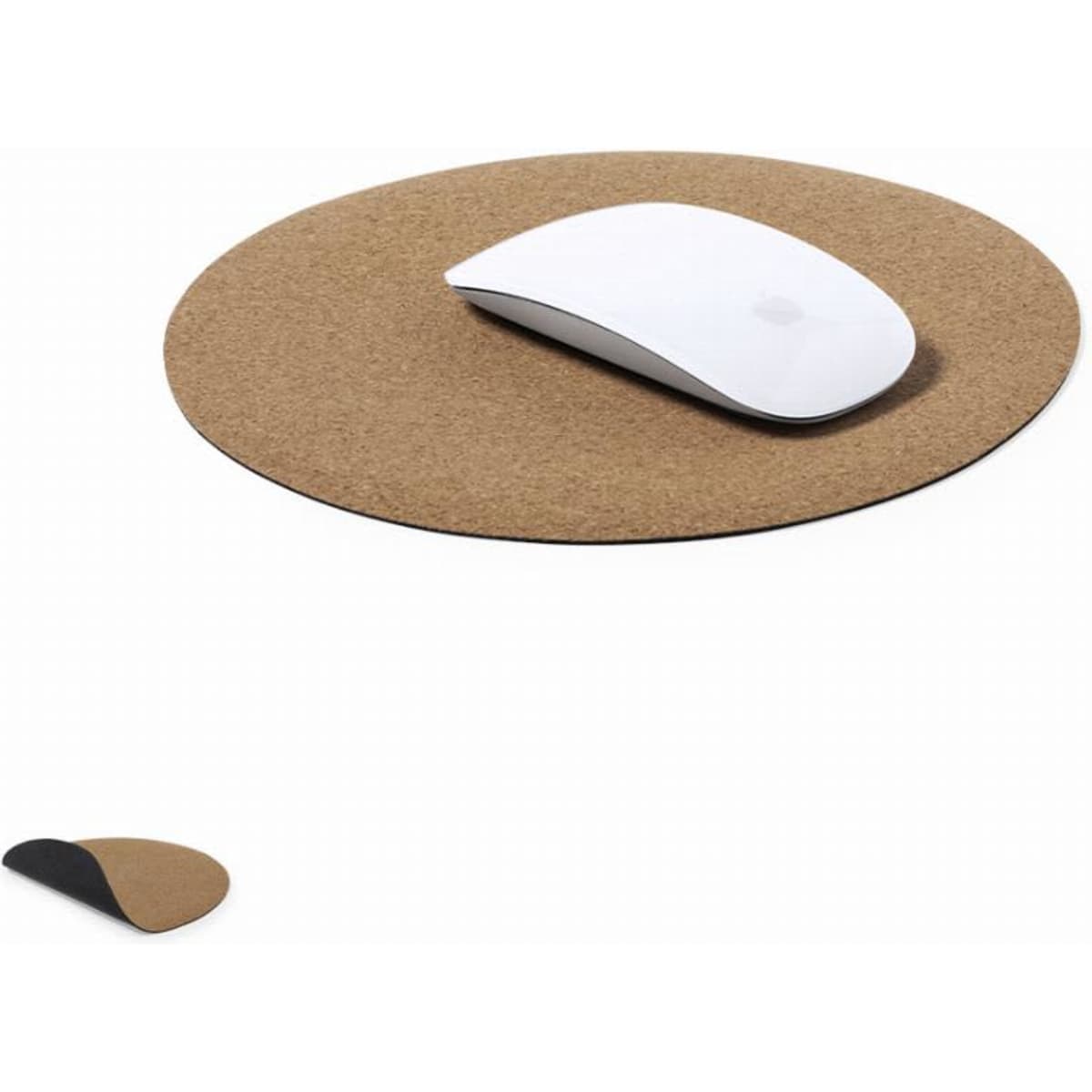 A mouse pad in a circular shape, featuring a cork surface in a tan colour and a black underside, with a white mouse on top.