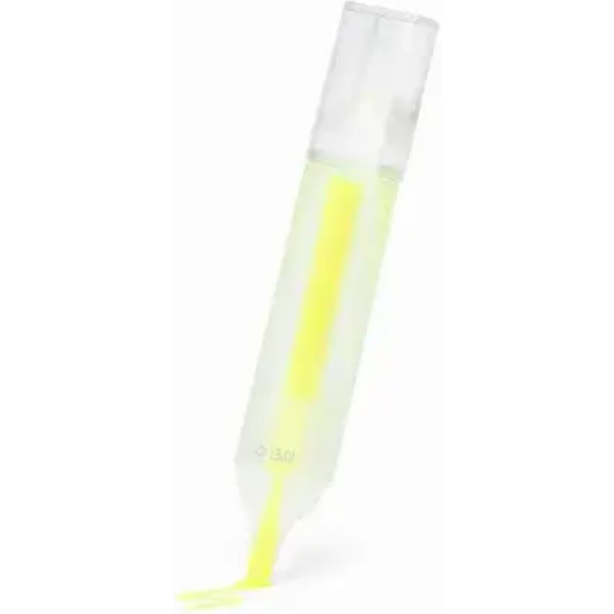 A drink bottle with a transparent body and a bright yellow inner section, featuring a clear lid and a logo.