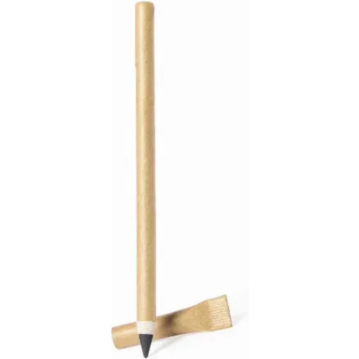 A wooden pencil with a black lead tip and a rectangular eraser. It has a natural wood colour and a simple design.
