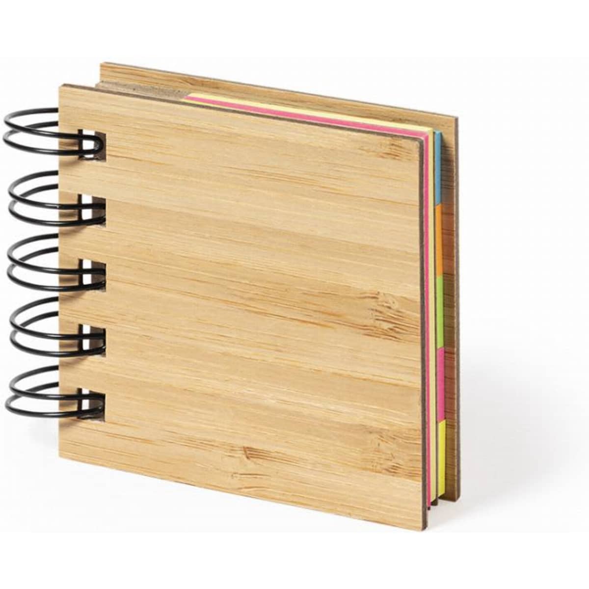 A bamboo notebook with colourful pages and a spiral binding. The cover features a natural bamboo finish.
