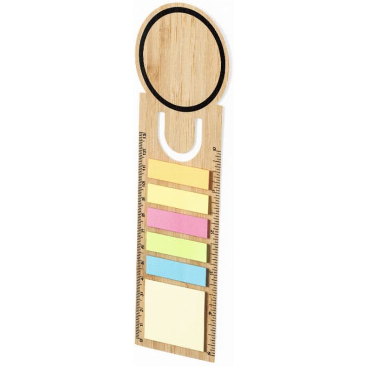 A bamboo ruler with a circular top and attached pastel-coloured sticky notes in yellow, pink, blue, and white.