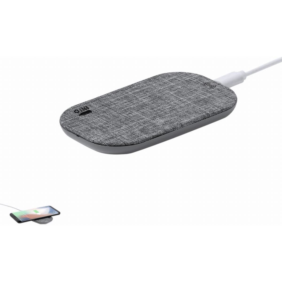 A wireless charger with a textured grey surface and a white charging cable, featuring a logo.
