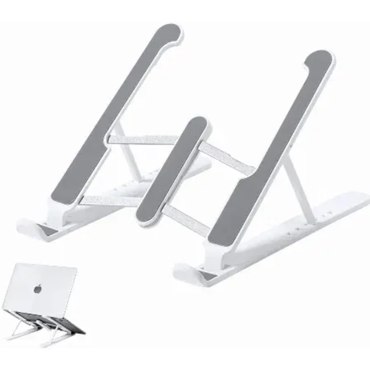 A laptop stand in white with grey accents, featuring adjustable height and an ergonomic design.