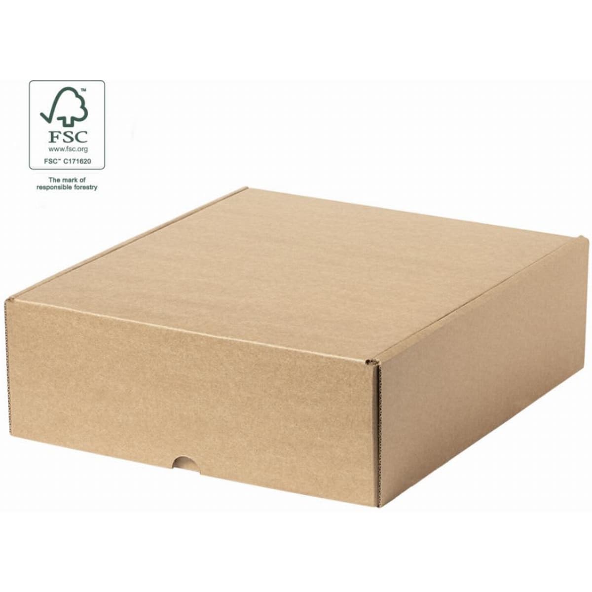 A brown cardboard box with a flap closure and an FSC logo on the side.