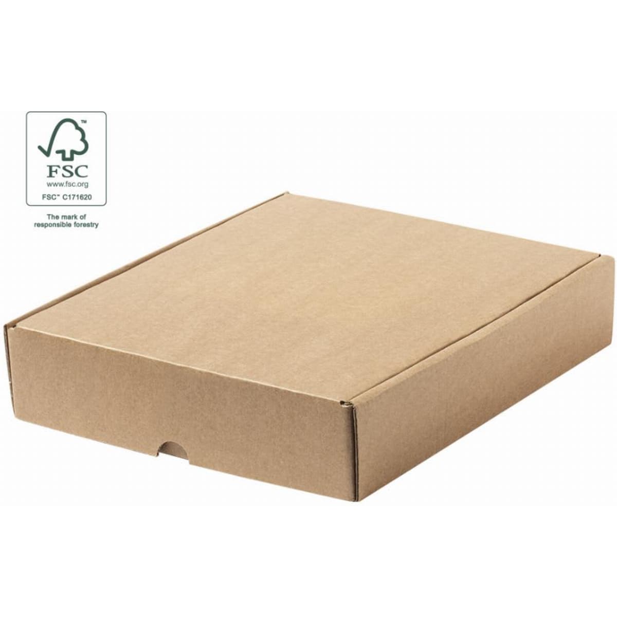 A cardboard box with a flap opening, featuring a logo indicating it is made from sustainable materials.