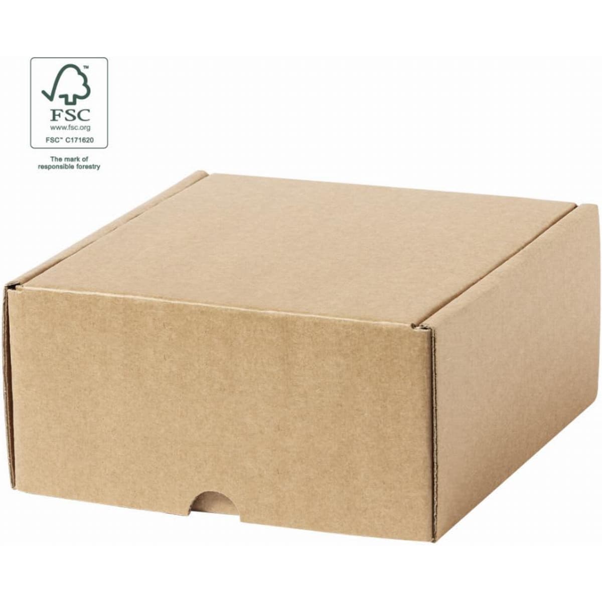 A brown cardboard box featuring a simple design and a logo. It has a secure closure at the front.