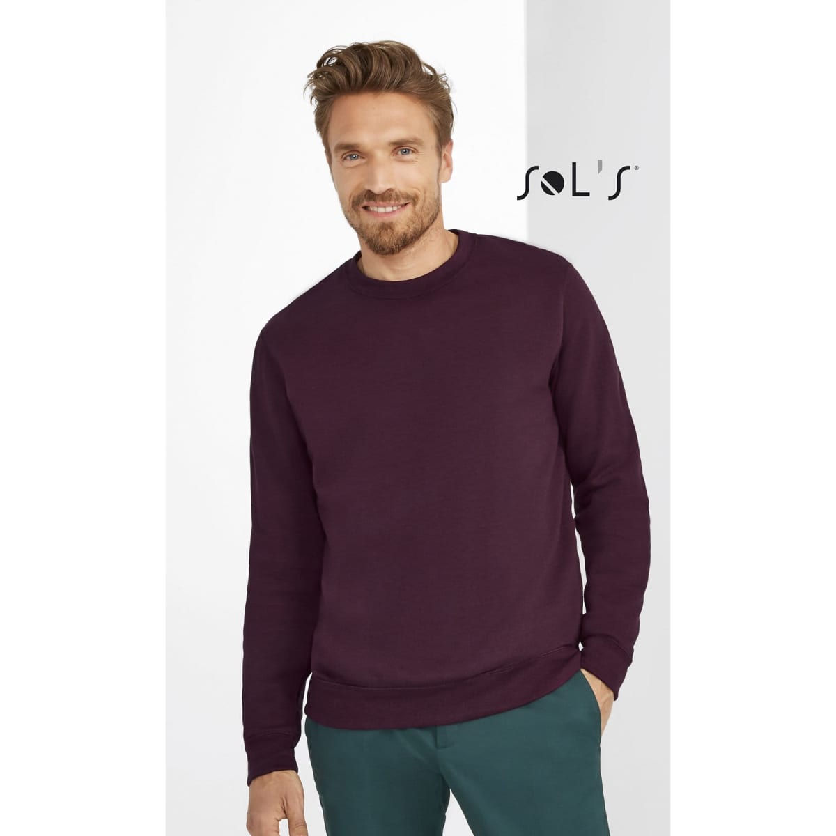 A maroon unisex sweatshirt with long sleeves and a round neckline, featuring a logo.