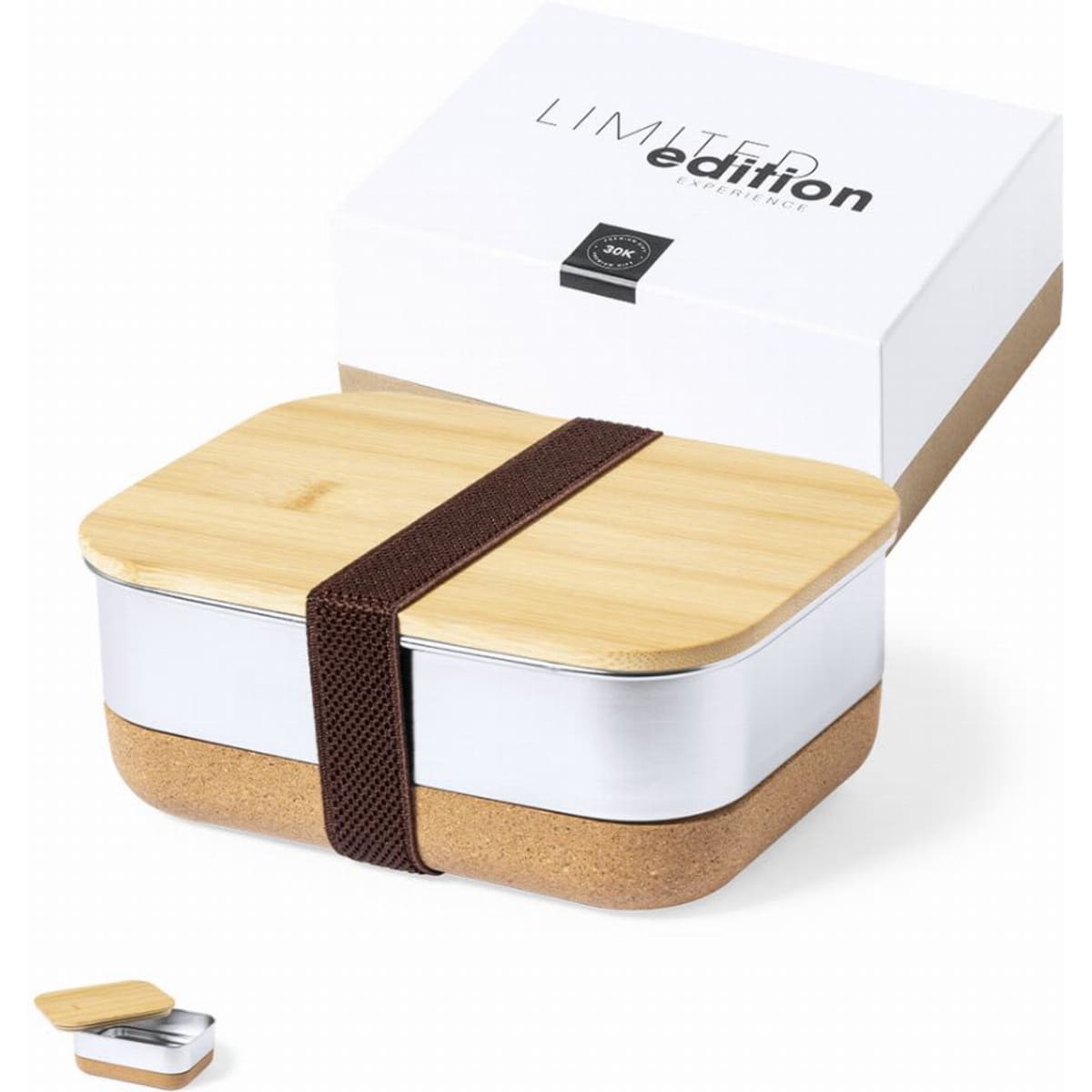 A lunch box with a bamboo lid and cork base, featuring a dark brown strap and a white box packaging.