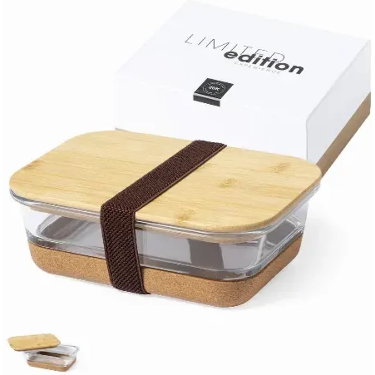 A storage container featuring a glass base, a bamboo lid, and a cork bottom, secured with a brown strap.