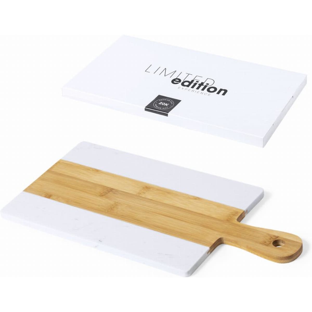 A wooden and white marble cutting board with a handle. It comes in a box labelled "Limited Edition."