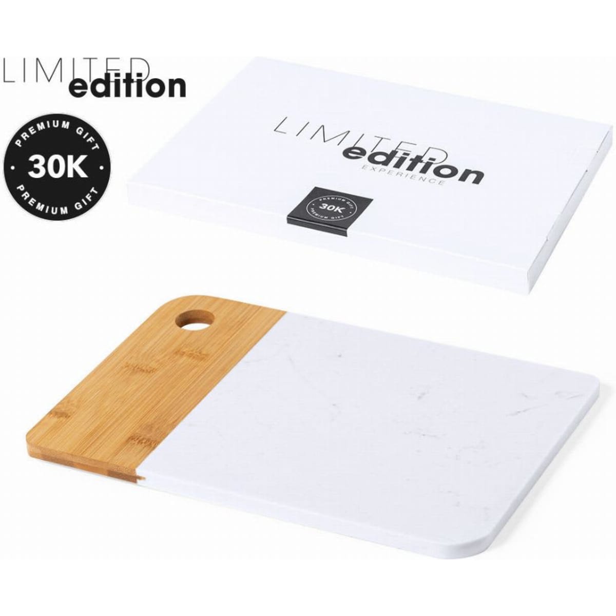 A bamboo and marble cutting board in a box, featuring a white and natural wood design. Includes a logo.