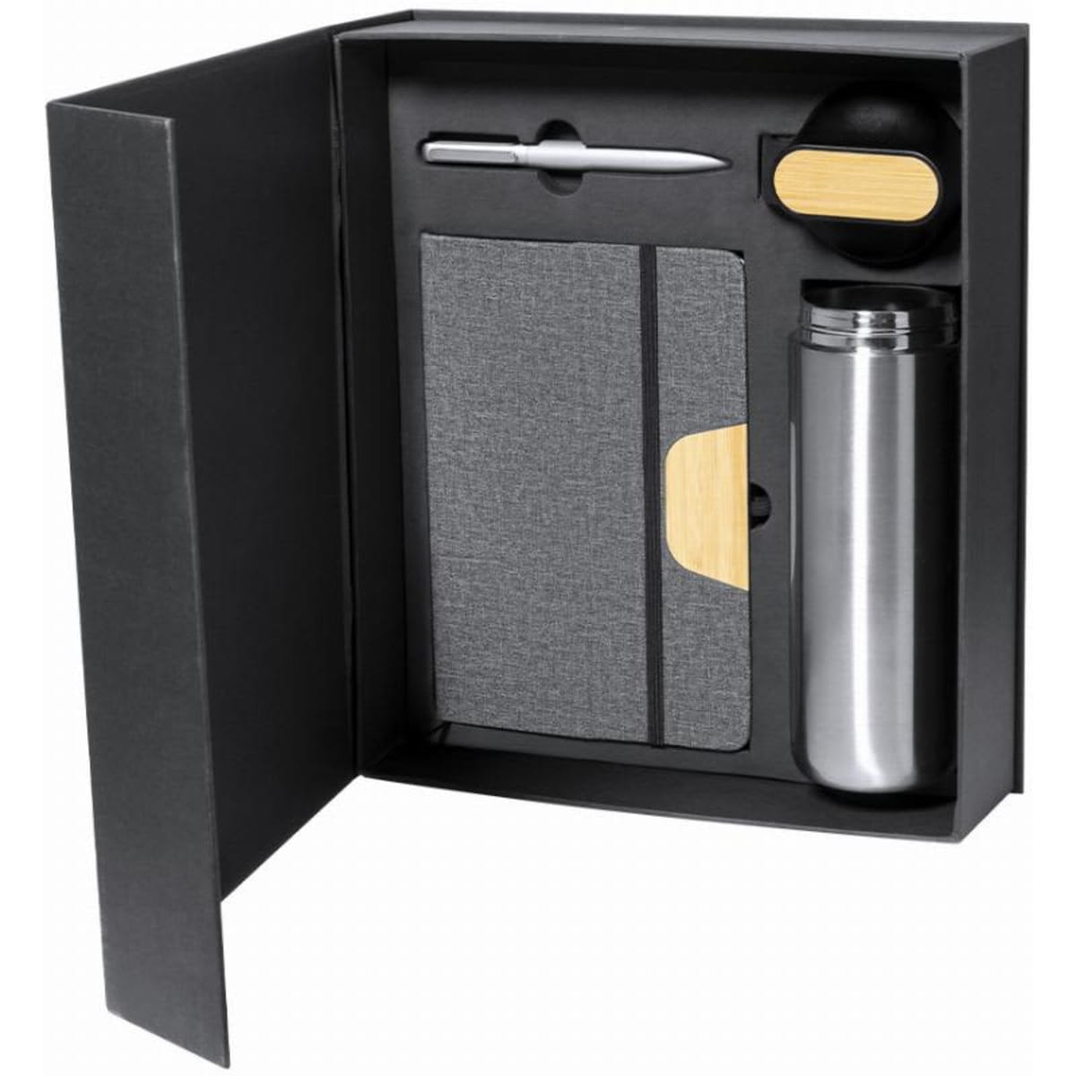 A gift set featuring a silver drink bottle, grey notebook, pen, and a black item, all in a black box.