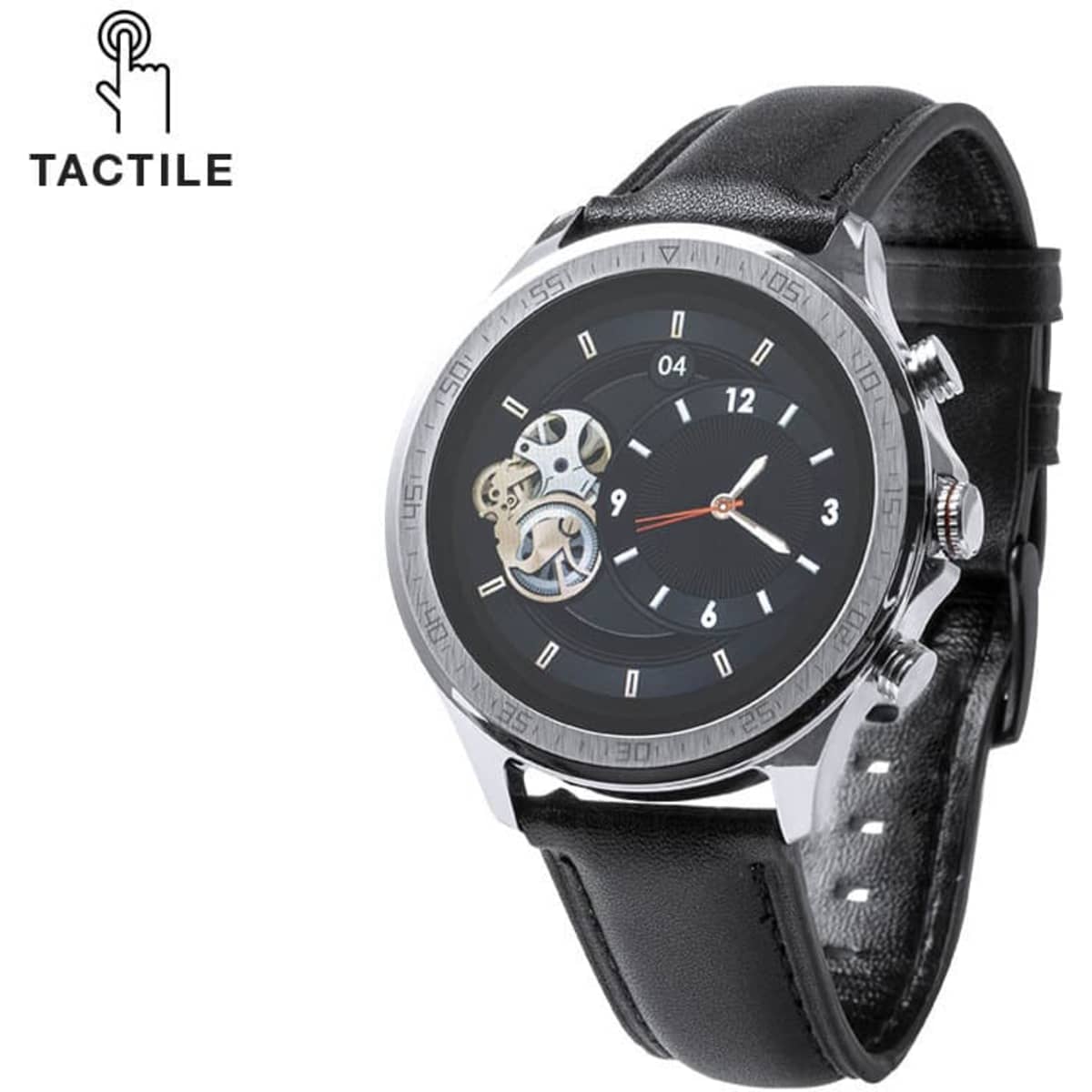 A watch with a black leather strap, silver casing, and a transparent dial revealing internal gears. Includes a tactile logo.