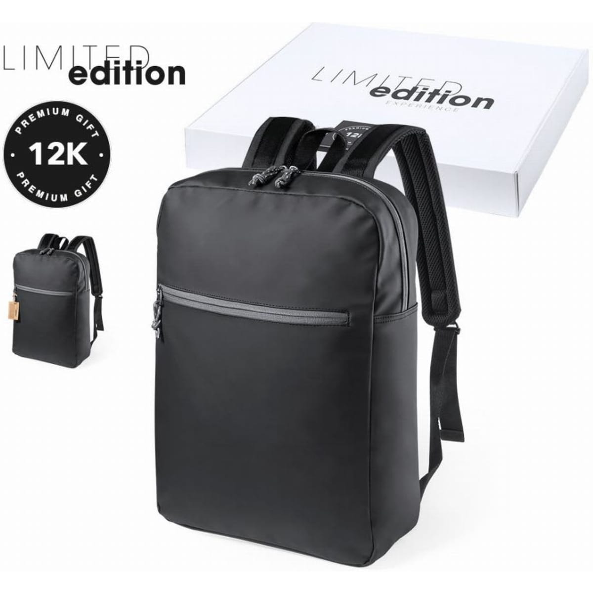 A black backpack with a sleek design, featuring a front zip pocket and padded shoulder straps. It includes a box with branding.