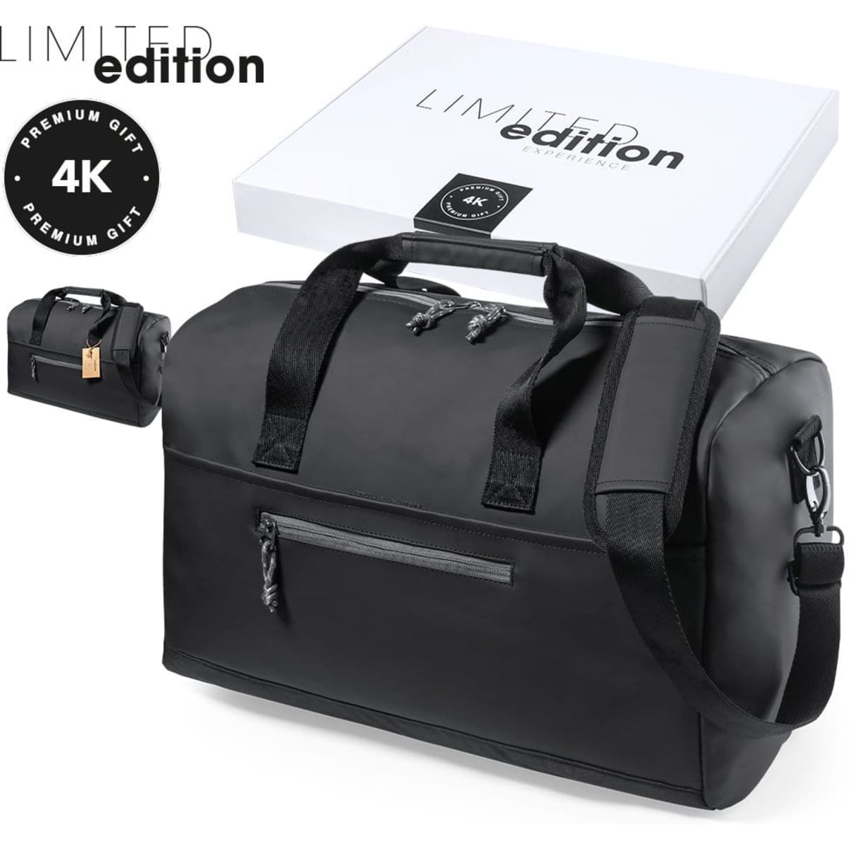 A black duffle bag with handles, a removable shoulder strap, and a front zip pocket. It comes in a branded box.