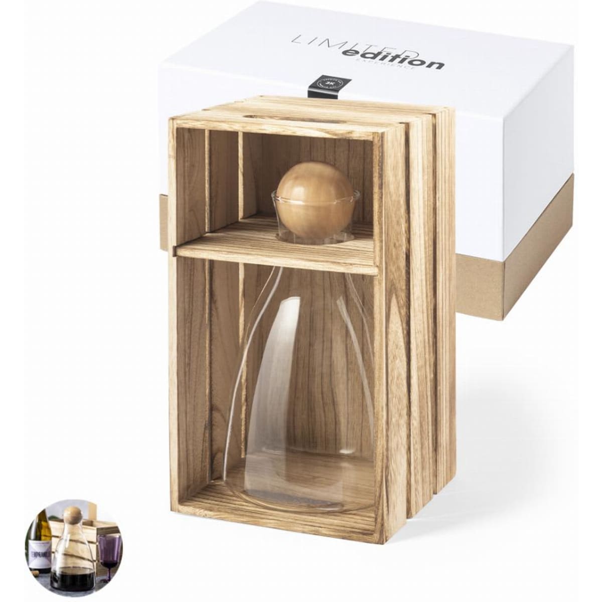 A drink bottle made of clear glass, presented in a wooden box with a circular wooden stopper.