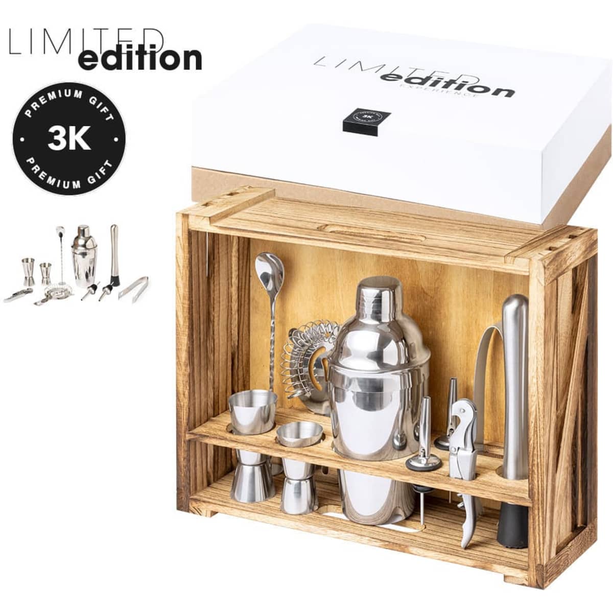 A wooden crate containing a cocktail shaker, measuring cups, and various bar tools, all in a premium gift box.